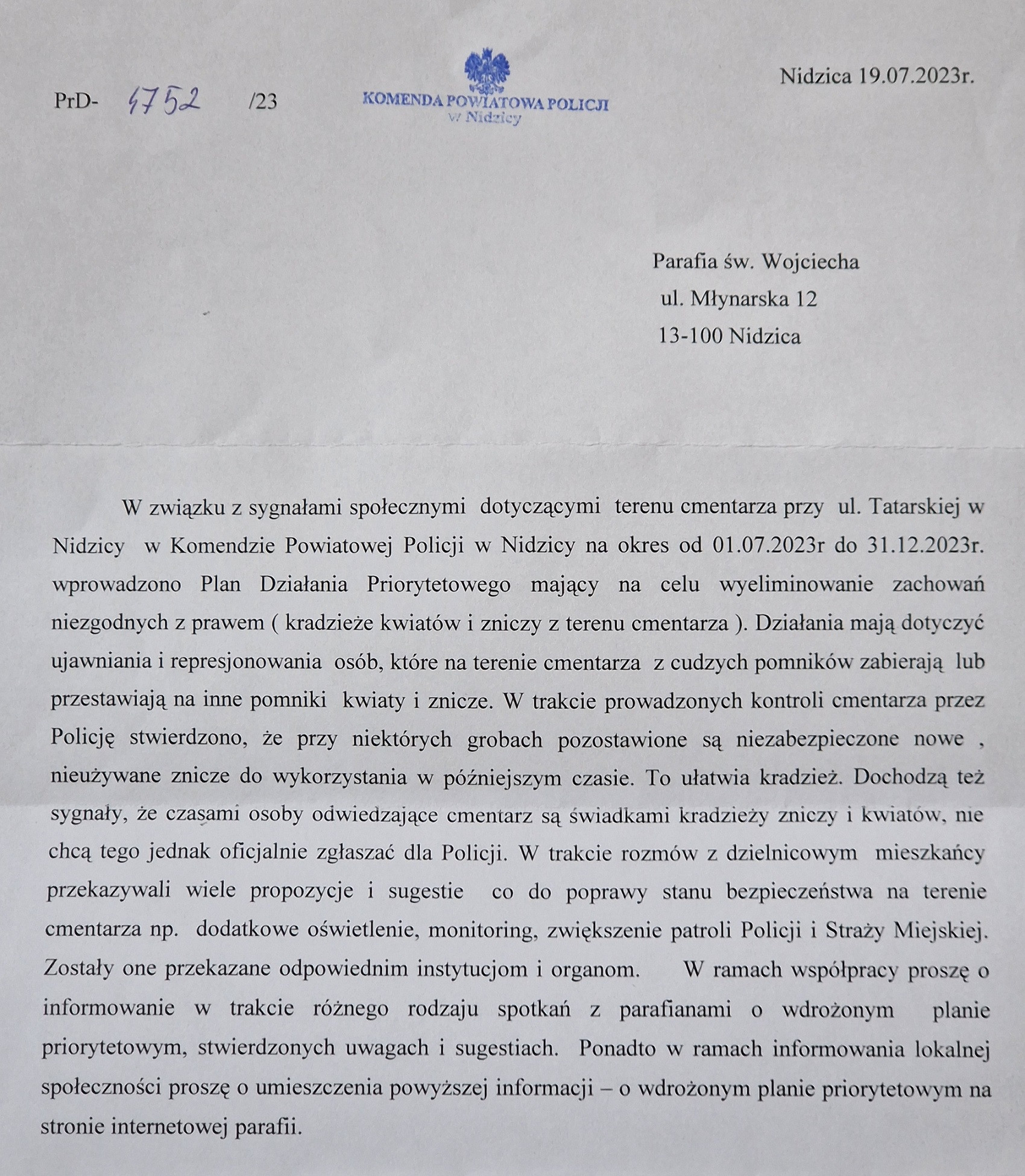 List z Komendy Powiatowej Policji w Nidzicy dot. cmentarza
