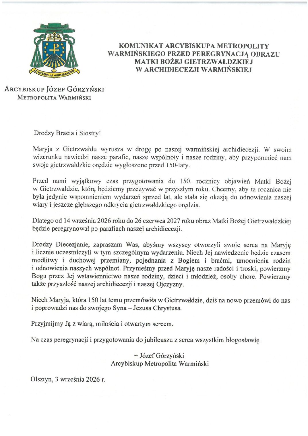 Komunikat Arcybiskupa Metropolity Warmińskiego przed peregrynacją obrazu Matki Bożej Gietrzwałdzkiej
